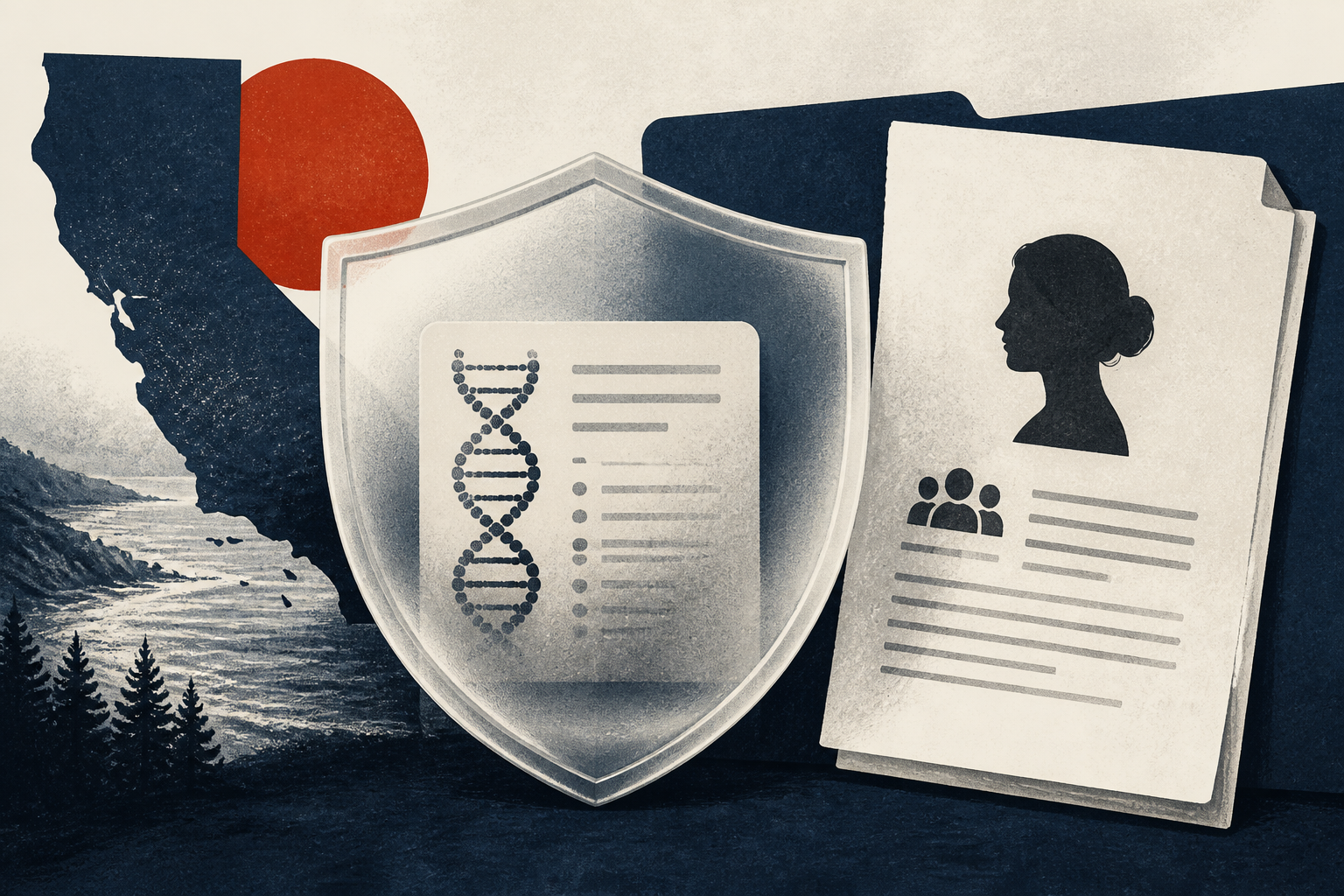 Editorial illustration of a DNA record protected by a privacy shield for a consumer data-breach settlement report.
