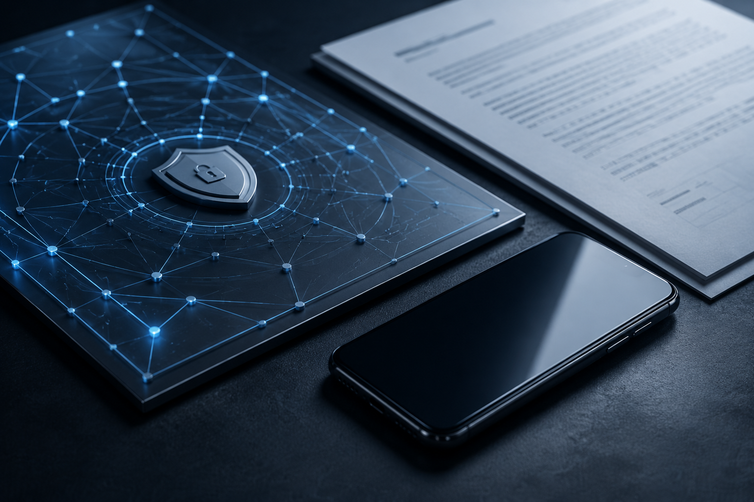 Editorial illustration of a smartphone and network-security system for a telecommunications data-breach settlement
