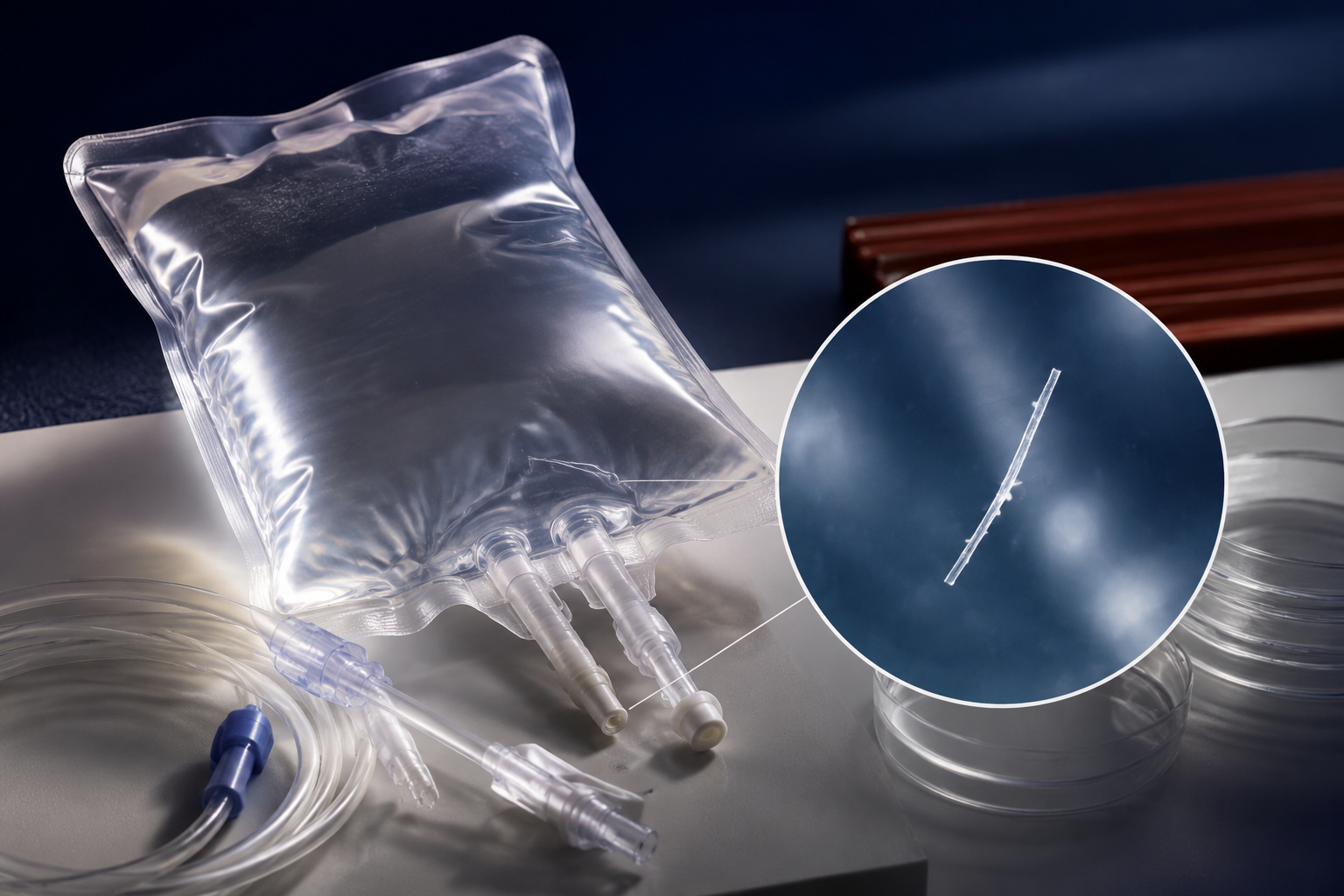 Editorial illustration of an IV saline bag being inspected during a product recall