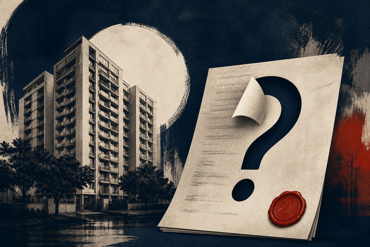 Editorial illustration of a housing project, consumer claim record and unverified refund route.