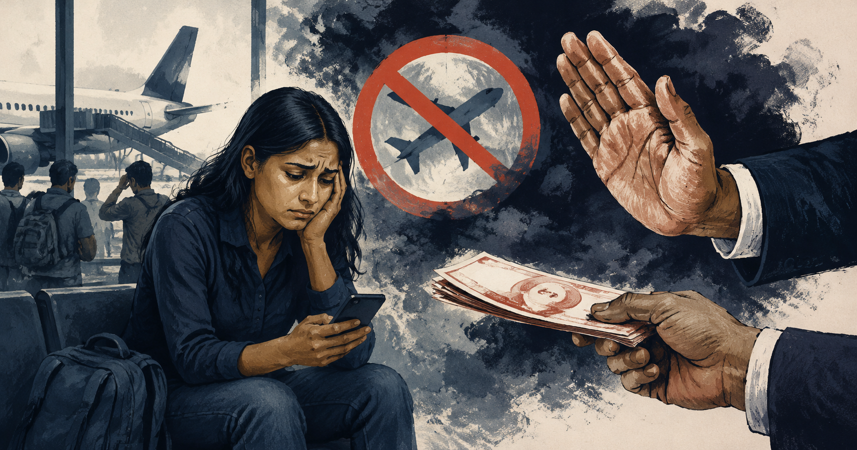 Go First liable for cancelled flight refund; MakeMyTrip payout cut to Rs 28,849 specific real-world editorial scene — Newsr illustration